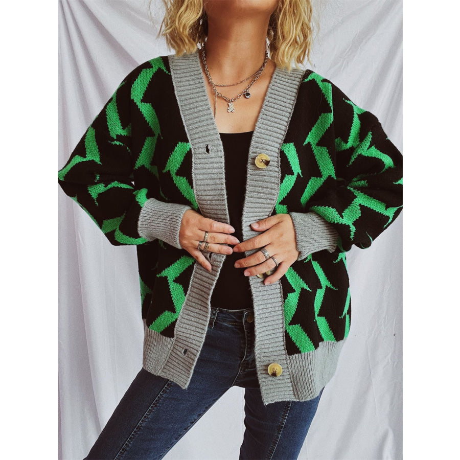 Contrast Trim Geometric V-Neck Long Sleeve Cardigan Lime / One Size Apparel and Accessories