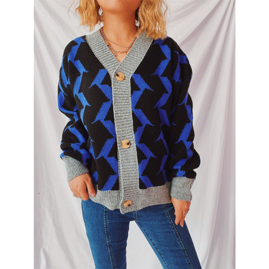 Contrast Trim Geometric V-Neck Long Sleeve Cardigan Royal Blue / One Size Apparel and Accessories