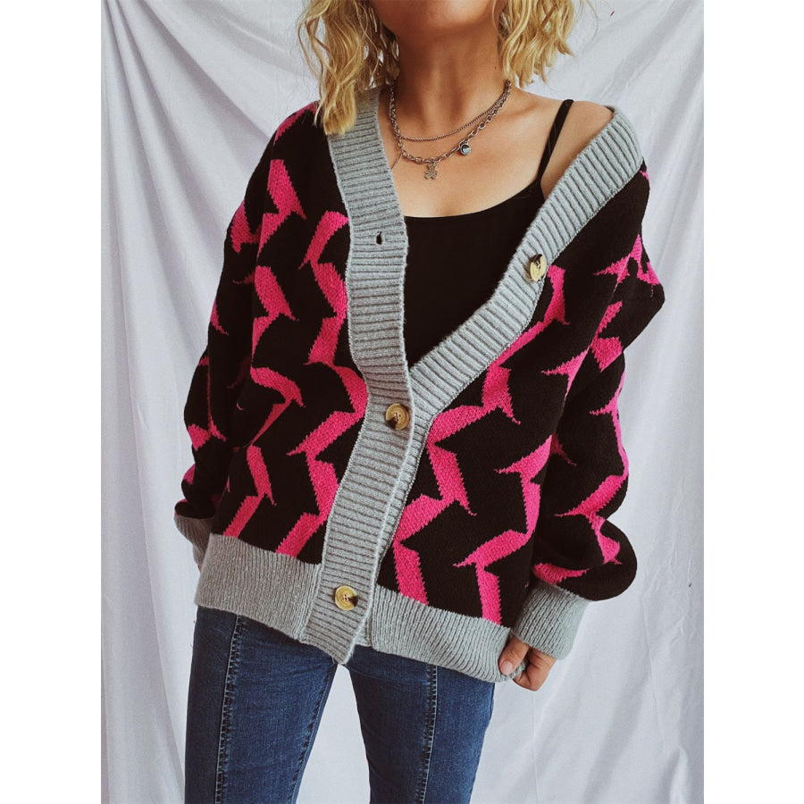 Contrast Trim Geometric V-Neck Long Sleeve Cardigan Strawberry / One Size Apparel and Accessories