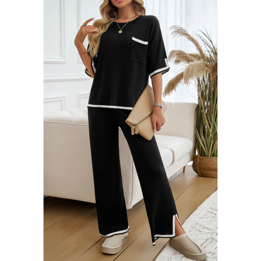 Contrast Trim Half Sleeve Top and Pants Set Apparel and Accessories