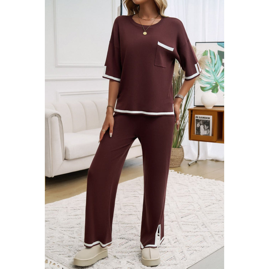 Contrast Trim Half Sleeve Top and Pants Set Apparel and Accessories