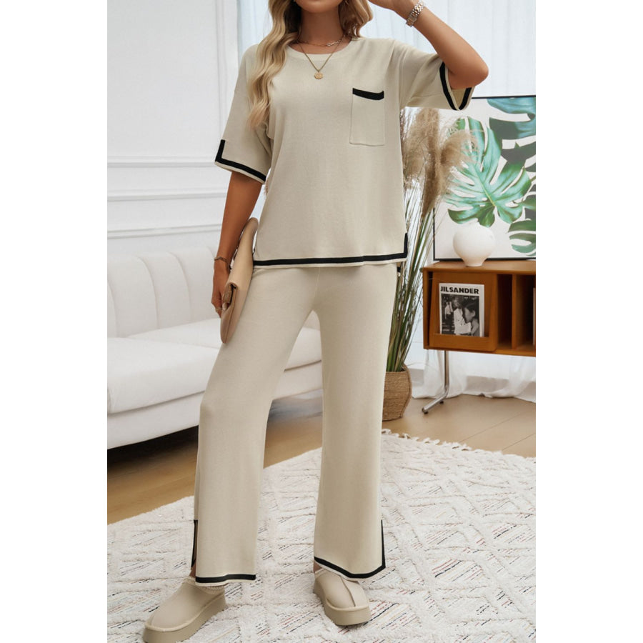 Contrast Trim Half Sleeve Top and Pants Set Apparel and Accessories