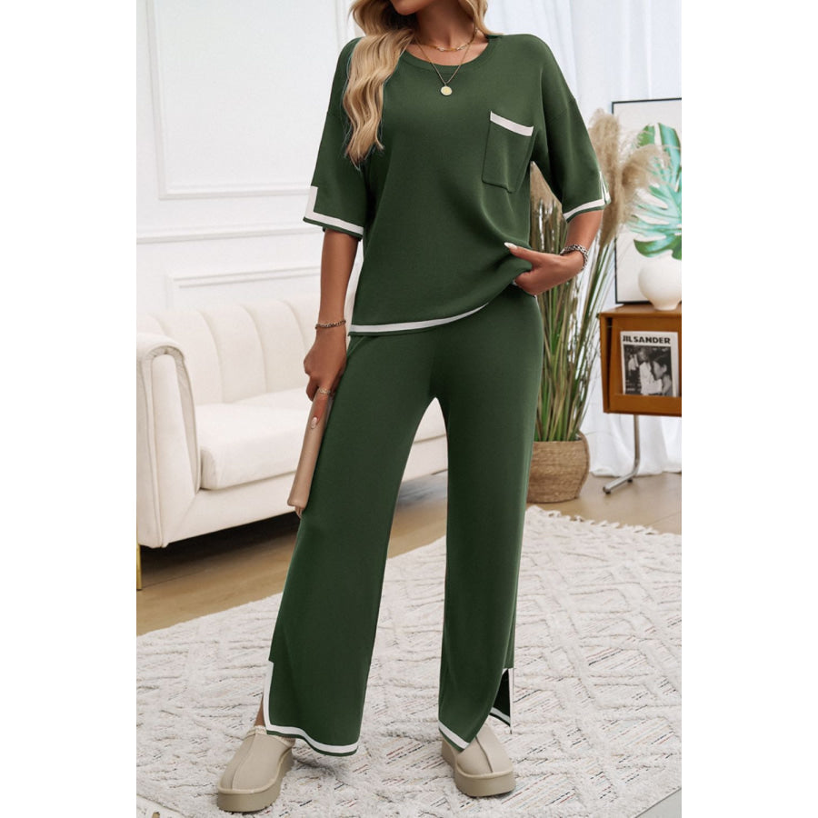 Contrast Trim Half Sleeve Top and Pants Set Apparel and Accessories