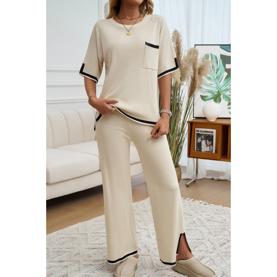 Contrast Trim Half Sleeve Top and Pants Set Apparel and Accessories