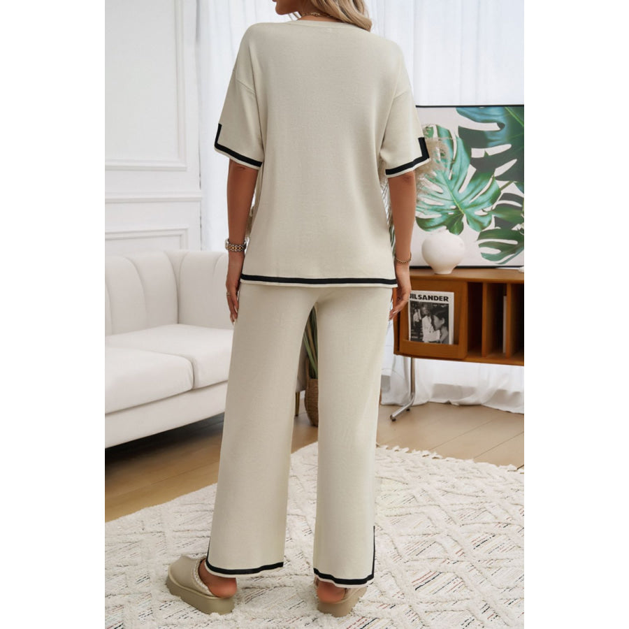 Contrast Trim Half Sleeve Top and Pants Set Apparel and Accessories