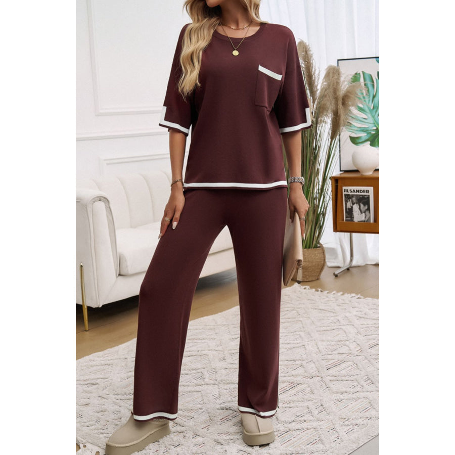 Contrast Trim Half Sleeve Top and Pants Set Apparel and Accessories