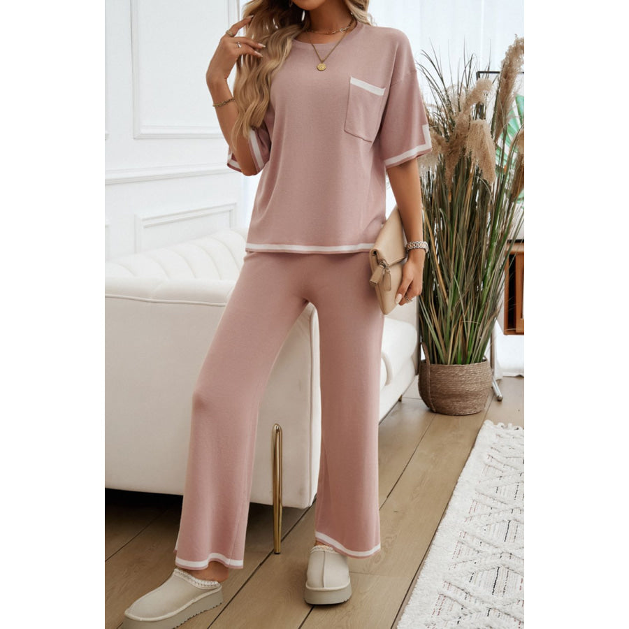 Contrast Trim Half Sleeve Top and Pants Set Apparel and Accessories