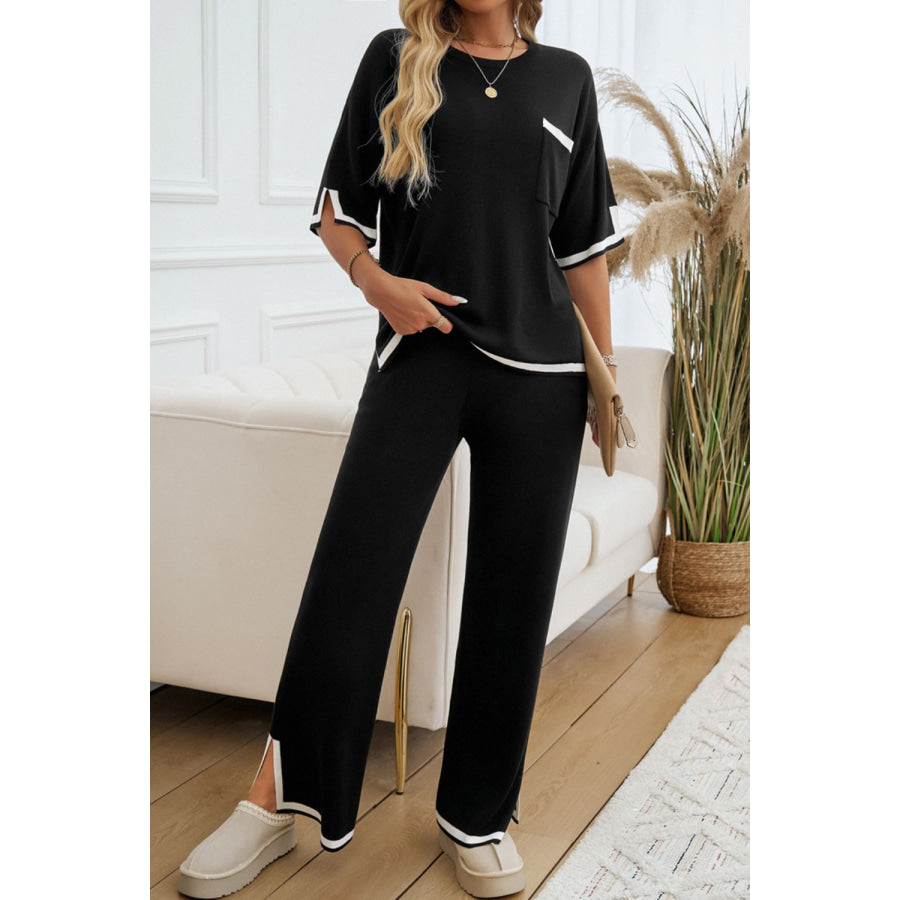 Contrast Trim Half Sleeve Top and Pants Set Apparel and Accessories