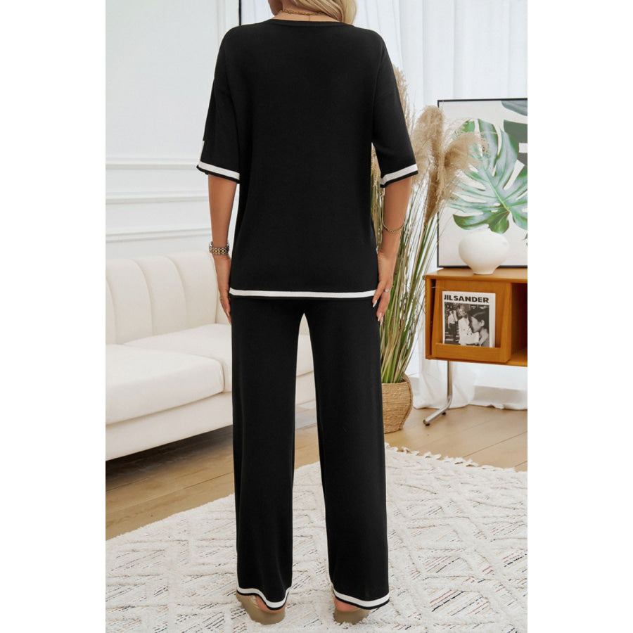 Contrast Trim Half Sleeve Top and Pants Set Apparel and Accessories