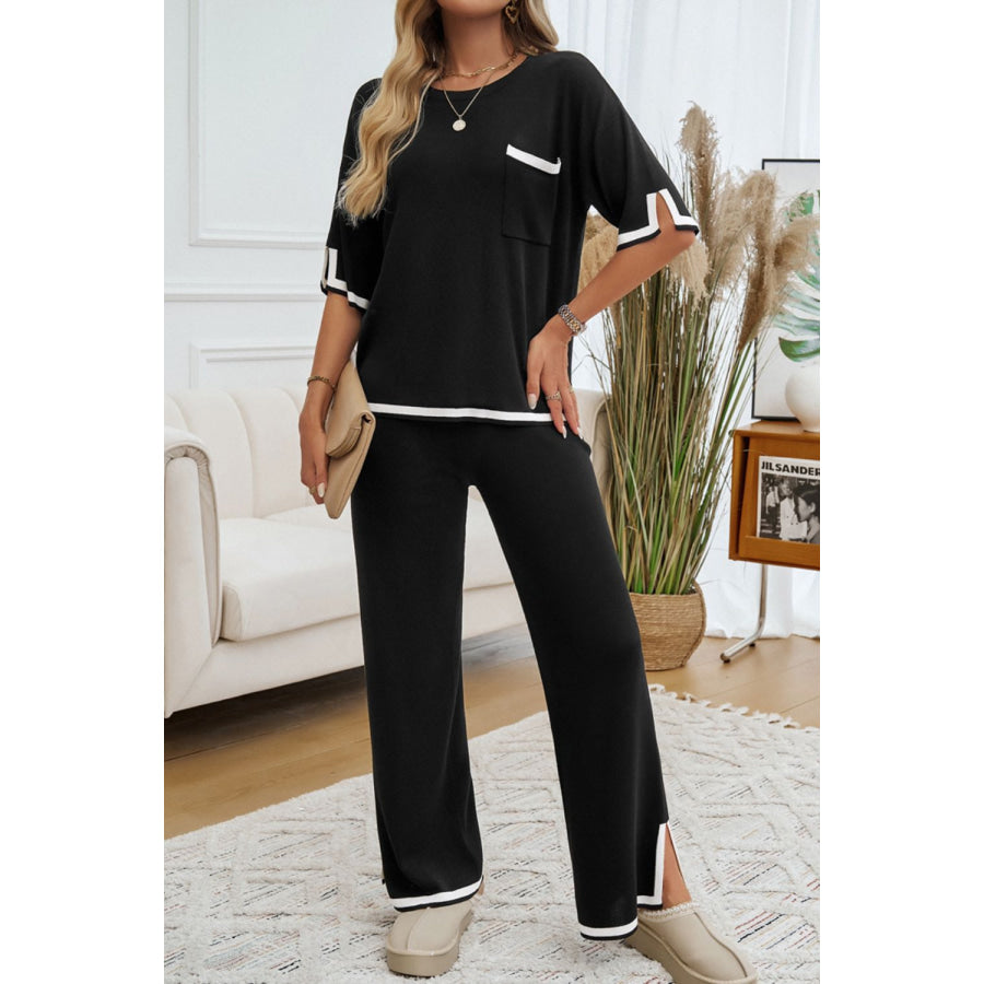 Contrast Trim Half Sleeve Top and Pants Set Apparel and Accessories