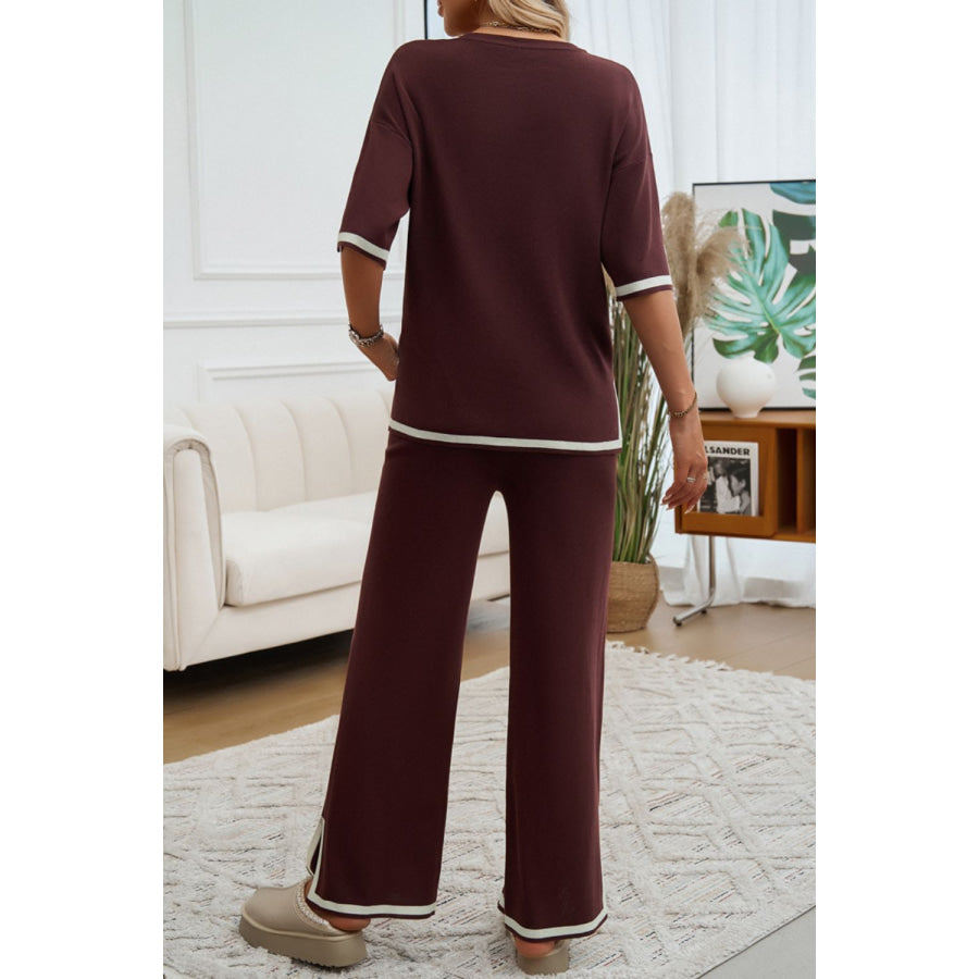 Contrast Trim Half Sleeve Top and Pants Set Apparel and Accessories