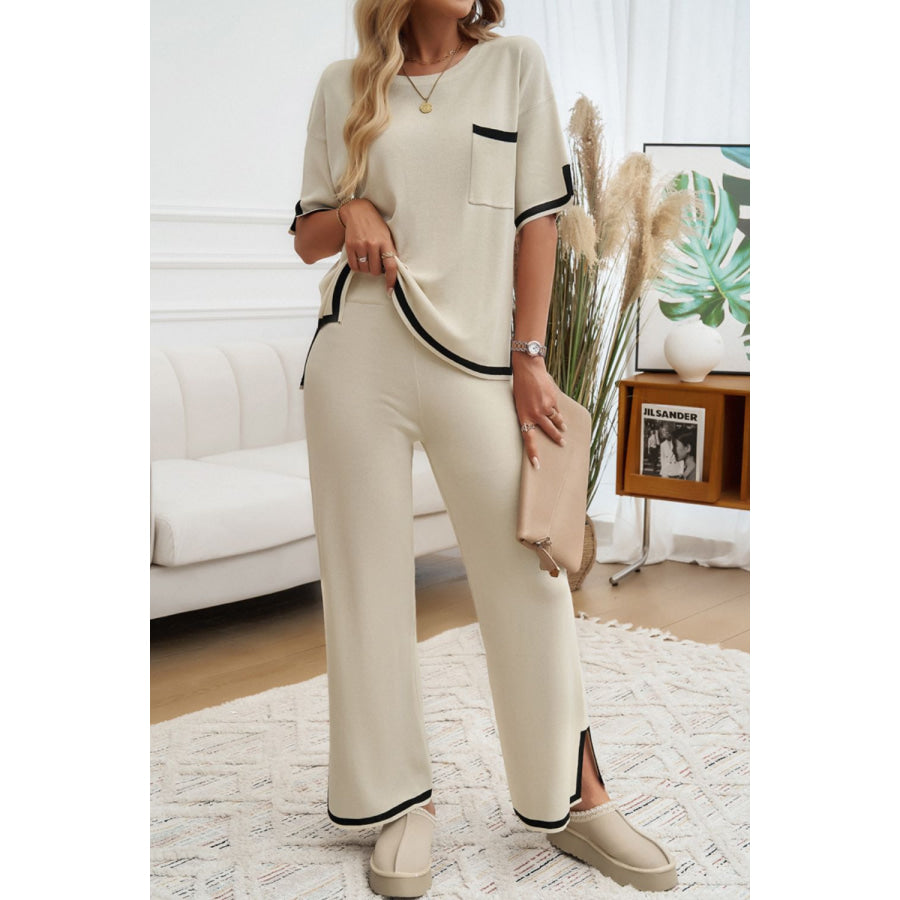 Contrast Trim Half Sleeve Top and Pants Set Apparel and Accessories