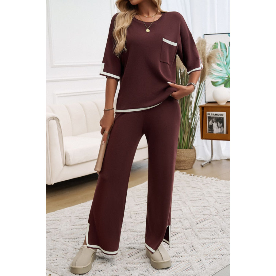 Contrast Trim Half Sleeve Top and Pants Set Apparel and Accessories