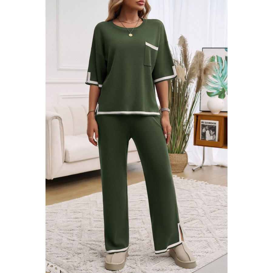 Contrast Trim Half Sleeve Top and Pants Set Apparel and Accessories