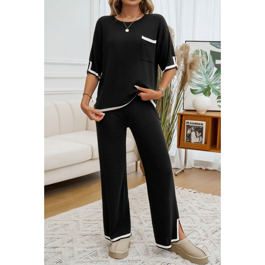 Contrast Trim Half Sleeve Top and Pants Set Black / S Apparel and Accessories