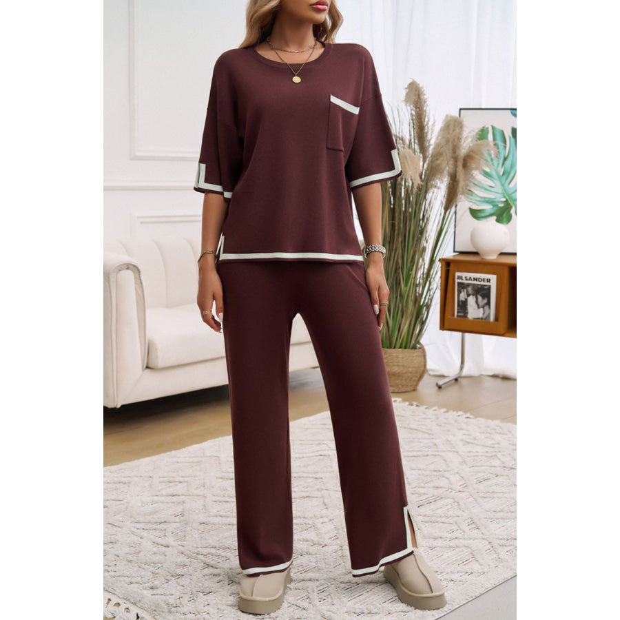 Contrast Trim Half Sleeve Top and Pants Set Chocolate / S Apparel and Accessories