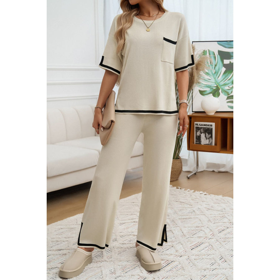 Contrast Trim Half Sleeve Top and Pants Set Cream / S Apparel and Accessories