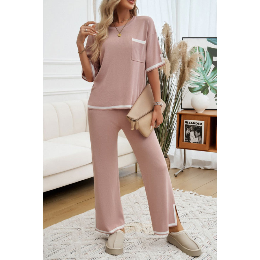 Contrast Trim Half Sleeve Top and Pants Set Dusty Pink / S Apparel and Accessories