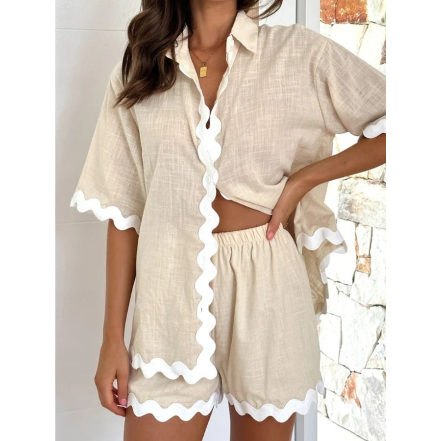 Contrast Trim Half Sleeve Top and Shorts Set Beige / S Apparel and Accessories