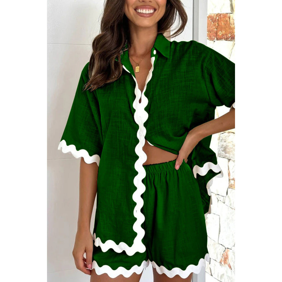 Contrast Trim Half Sleeve Top and Shorts Set Dark Green / S Apparel and Accessories