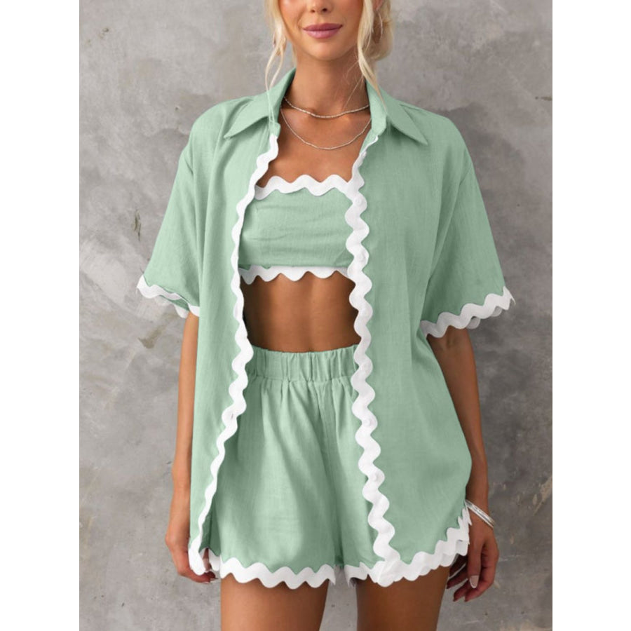 Contrast Trim Half Sleeve Top and Shorts Set Gum Leaf / S Apparel and Accessories