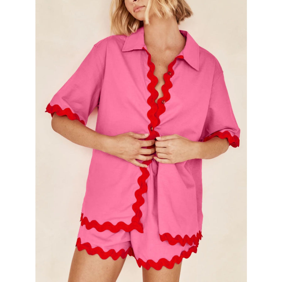 Contrast Trim Half Sleeve Top and Shorts Set Hot Pink / S Apparel and Accessories