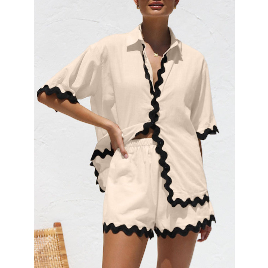 Contrast Trim Half Sleeve Top and Shorts Set Tan / S Apparel and Accessories