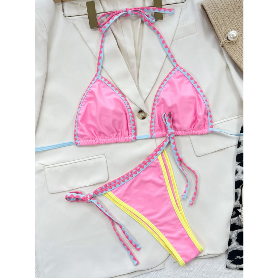 Contrast Trim Halter Neck Bikini Set Apparel and Accessories