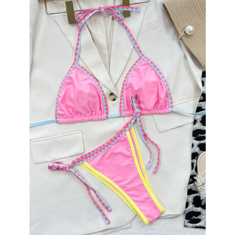 Contrast Trim Halter Neck Bikini Set Apparel and Accessories