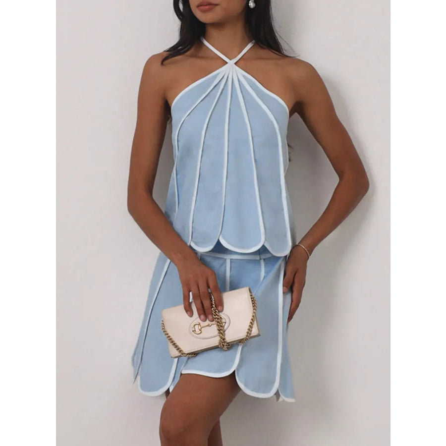 Contrast Trim Halter Neck Top and Skirt Set Apparel and Accessories
