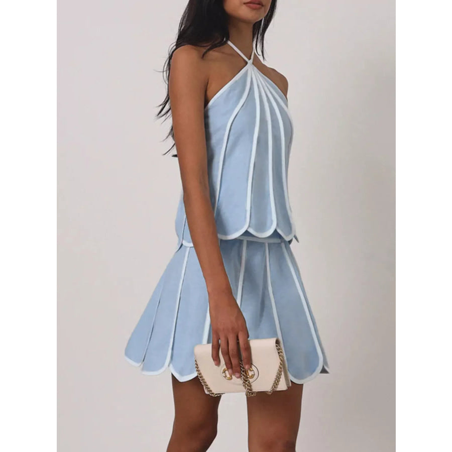 Contrast Trim Halter Neck Top and Skirt Set Apparel and Accessories