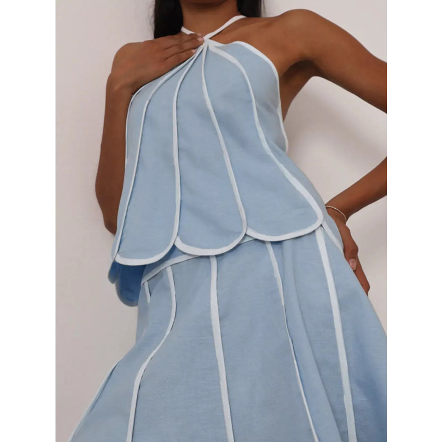 Contrast Trim Halter Neck Top and Skirt Set Apparel and Accessories