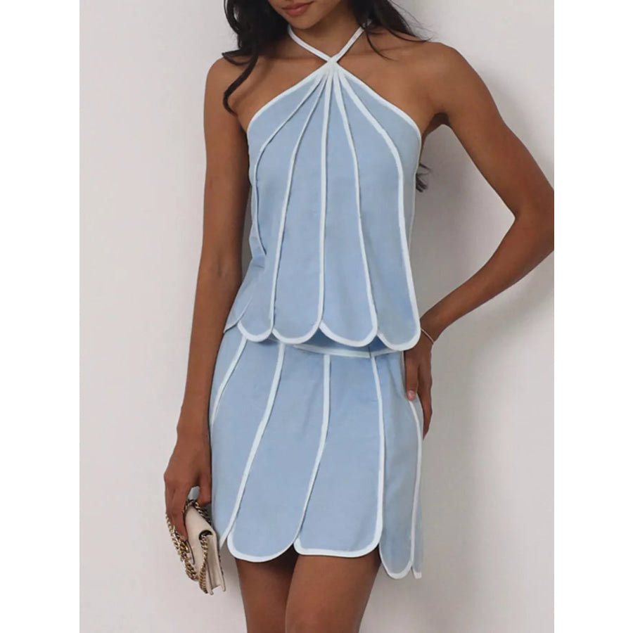 Contrast Trim Halter Neck Top and Skirt Set Apparel and Accessories