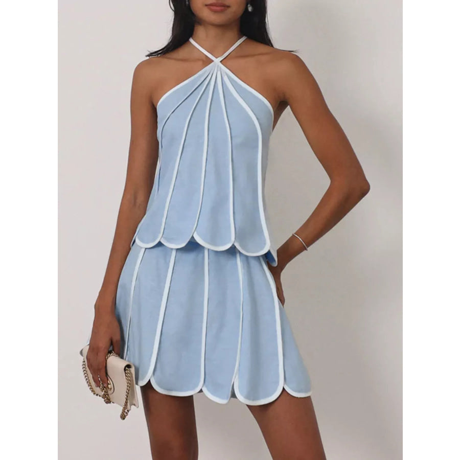 Contrast Trim Halter Neck Top and Skirt Set Light Blue / S Apparel and Accessories