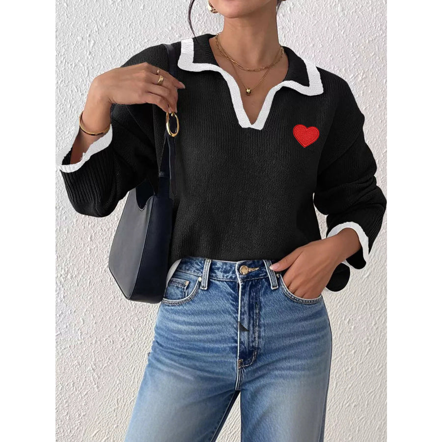 Contrast Trim Heart Embroidered Polo Collar Sweater Apparel and Accessories