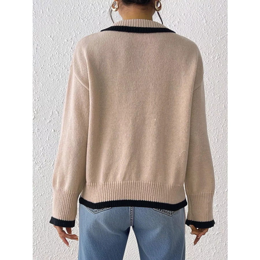 Contrast Trim Heart Embroidered Polo Collar Sweater Apparel and Accessories