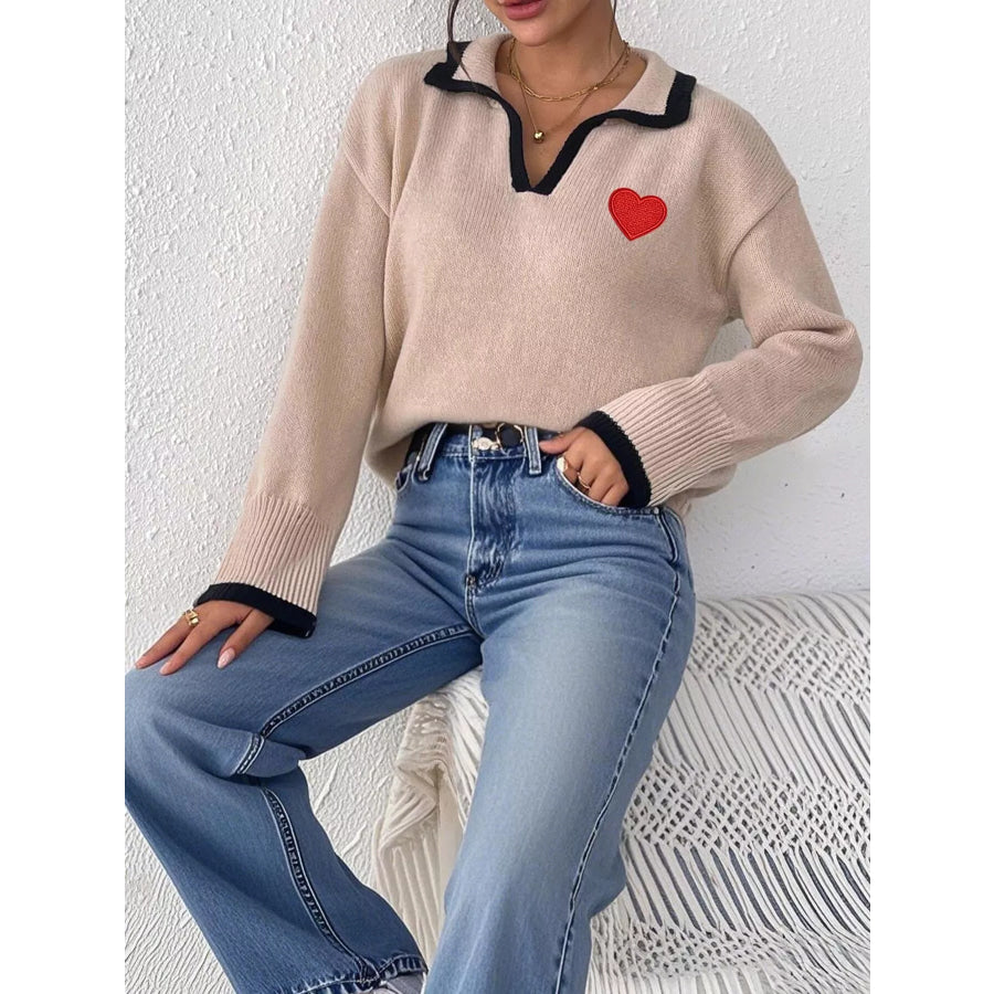 Contrast Trim Heart Embroidered Polo Collar Sweater Apparel and Accessories
