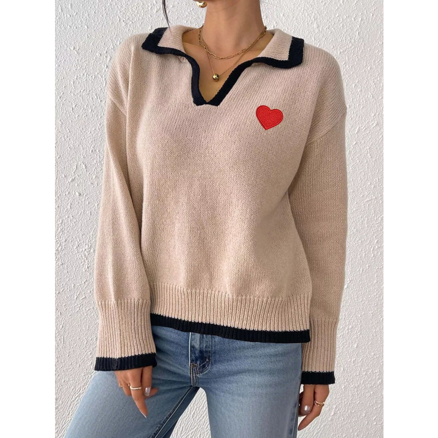 Contrast Trim Heart Embroidered Polo Collar Sweater Khaki / S Apparel and Accessories