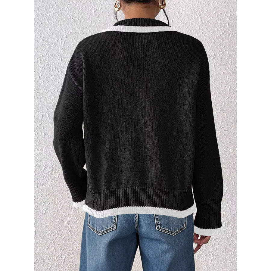 Contrast Trim Heart Embroidered Polo Collar Sweater Apparel and Accessories