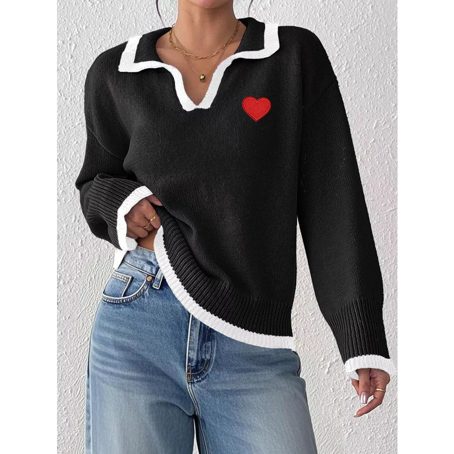 Contrast Trim Heart Embroidered Polo Collar Sweater Apparel and Accessories