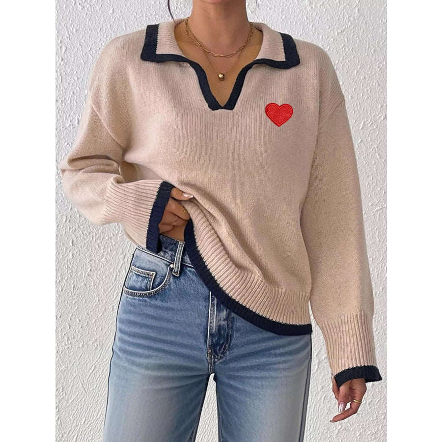 Contrast Trim Heart Embroidered Polo Collar Sweater Apparel and Accessories
