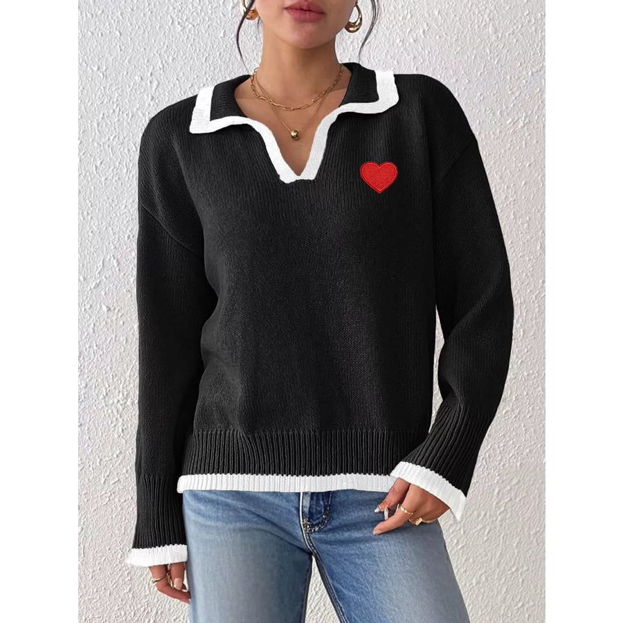 Contrast Trim Heart Embroidered Polo Collar Sweater Black / S Apparel and Accessories