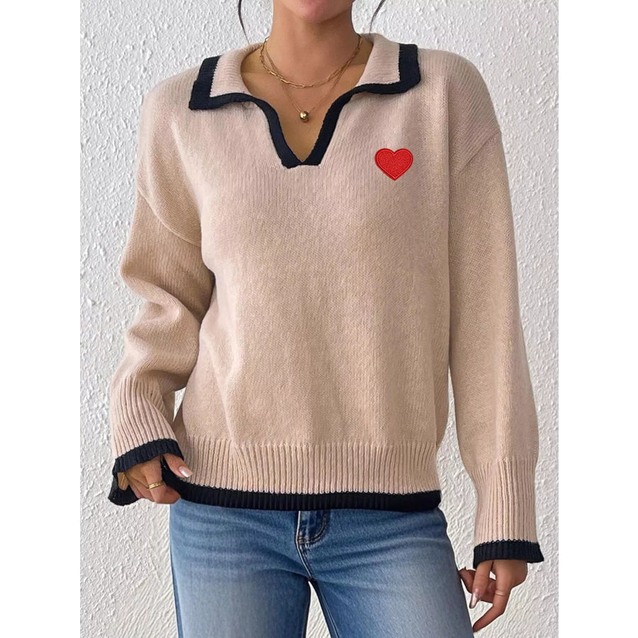 Contrast Trim Heart Embroidered Polo Collar Sweater Khaki / S Apparel and Accessories