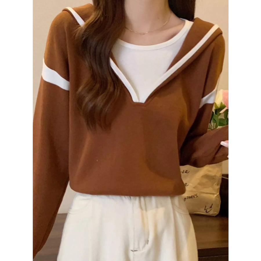 Contrast Trim Hooded Sweater Brown / One Size Apparel and Accessories