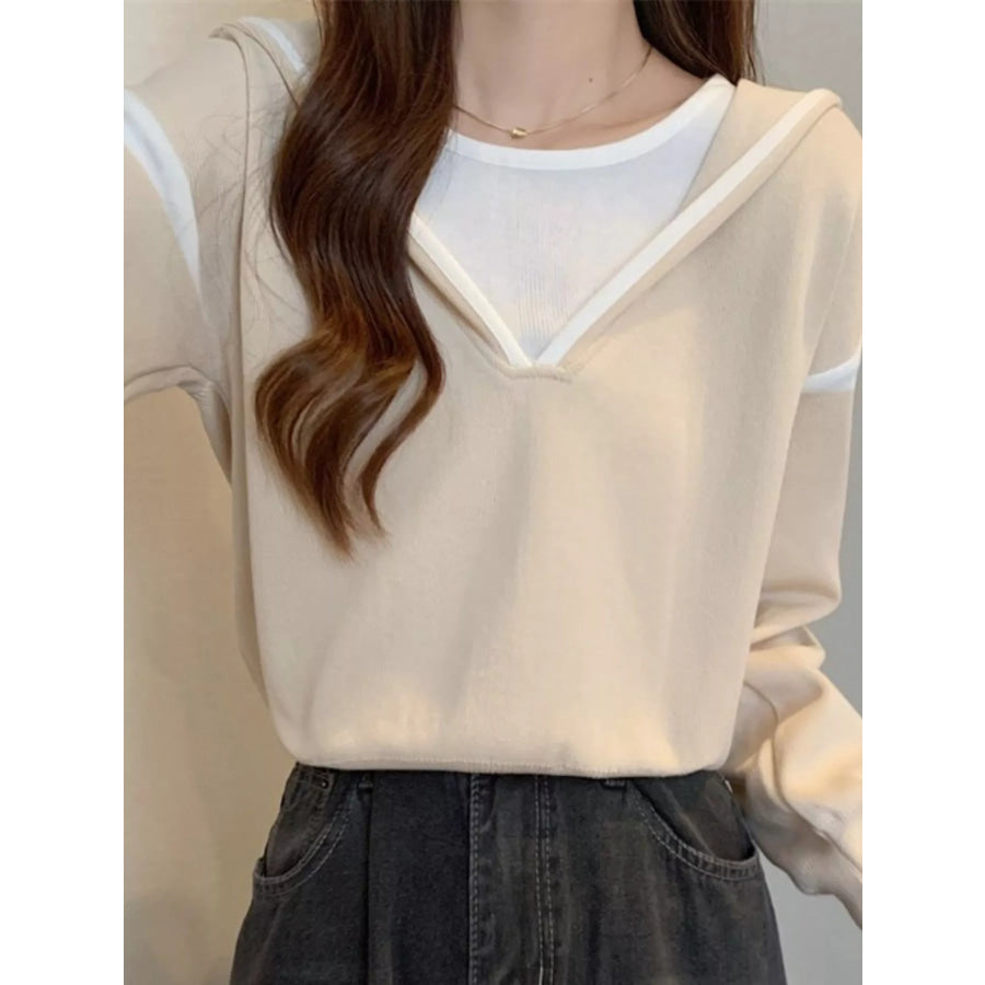 Contrast Trim Hooded Sweater Tan / One Size Apparel and Accessories