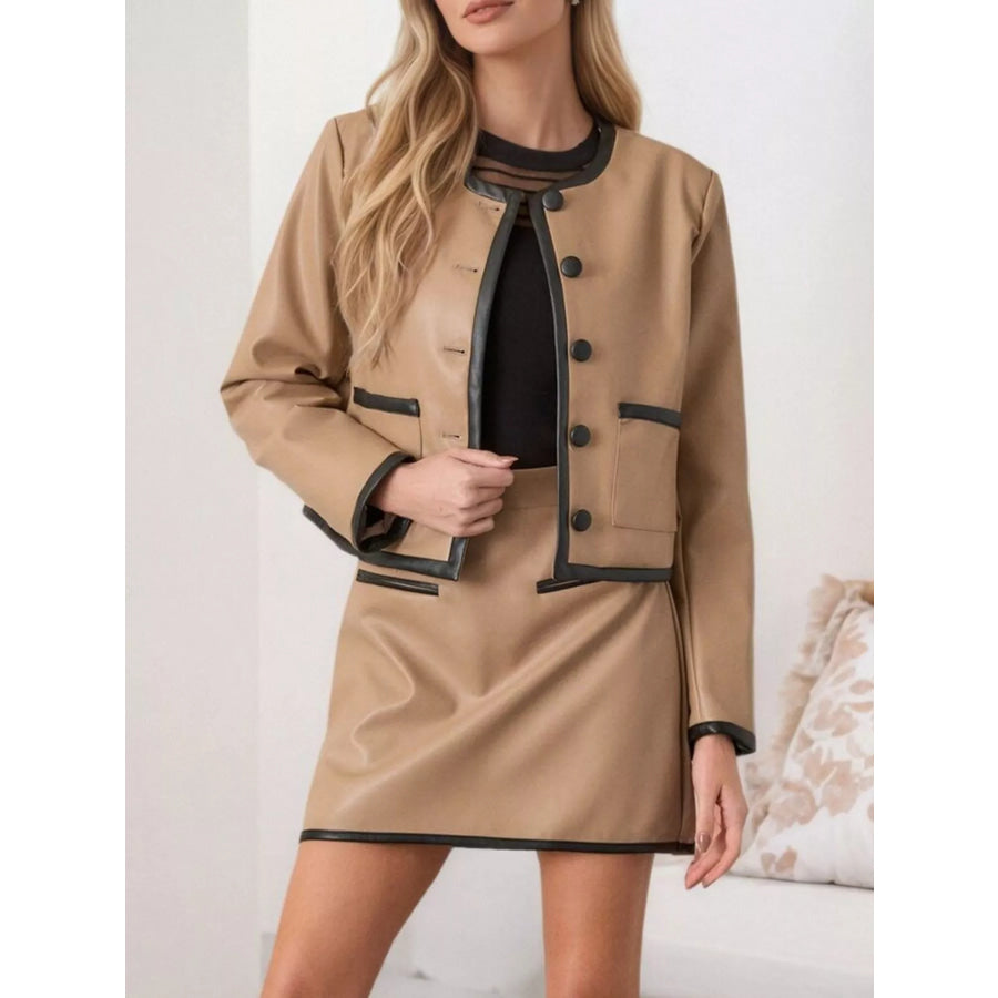Contrast Trim Jacket and Mini Skirt Set Apparel Accessories