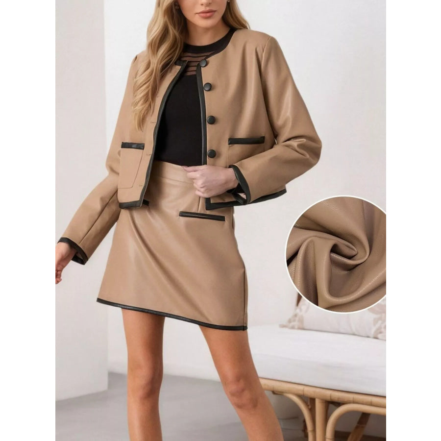 Contrast Trim Jacket and Mini Skirt Set Tan / S Apparel Accessories