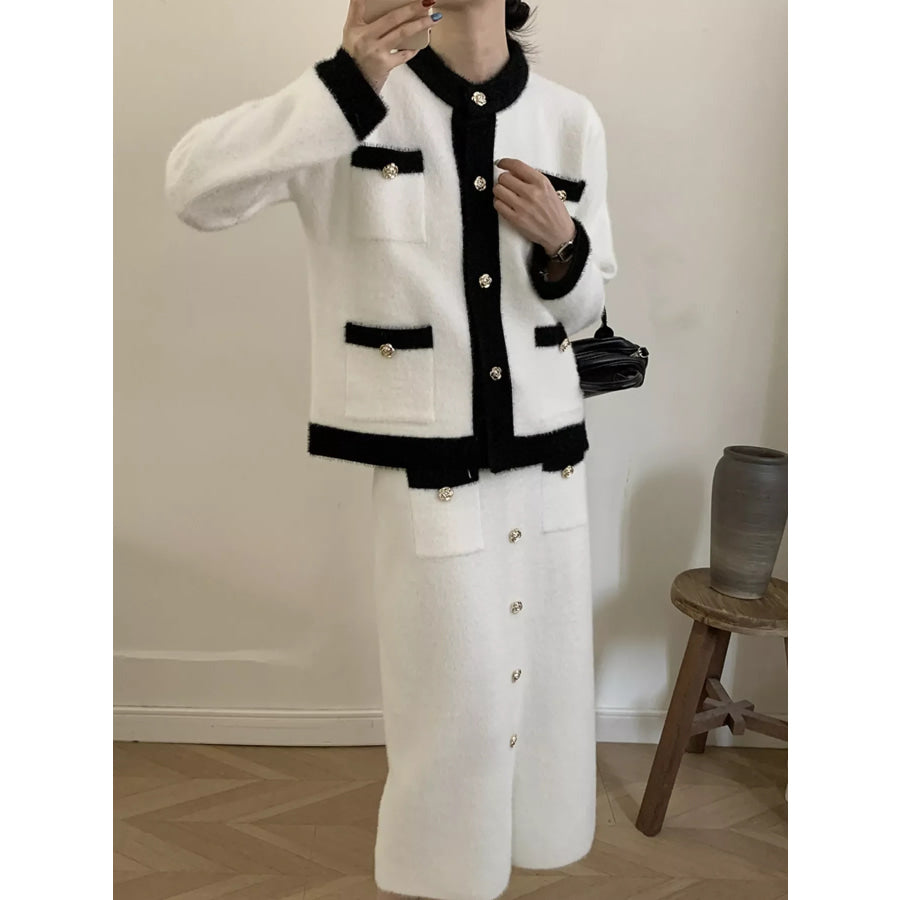 Contrast Trim Jacket and Skirts Sweater Set Apparel and Accessories