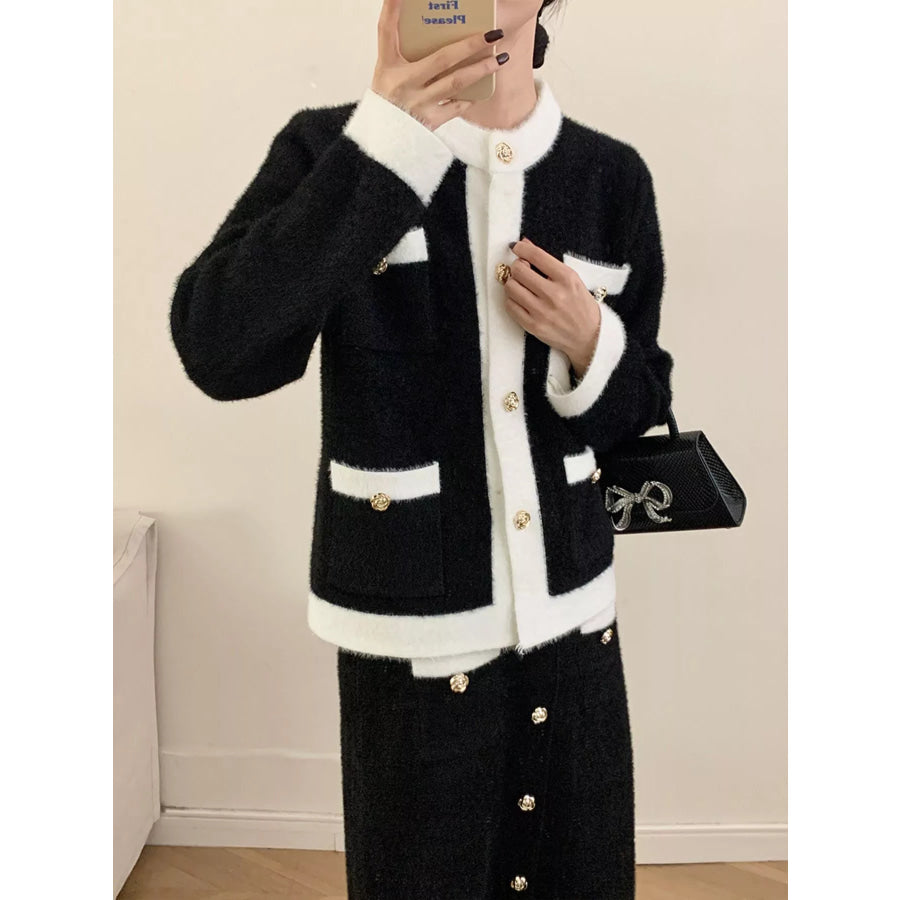 Contrast Trim Jacket and Skirts Sweater Set Apparel and Accessories