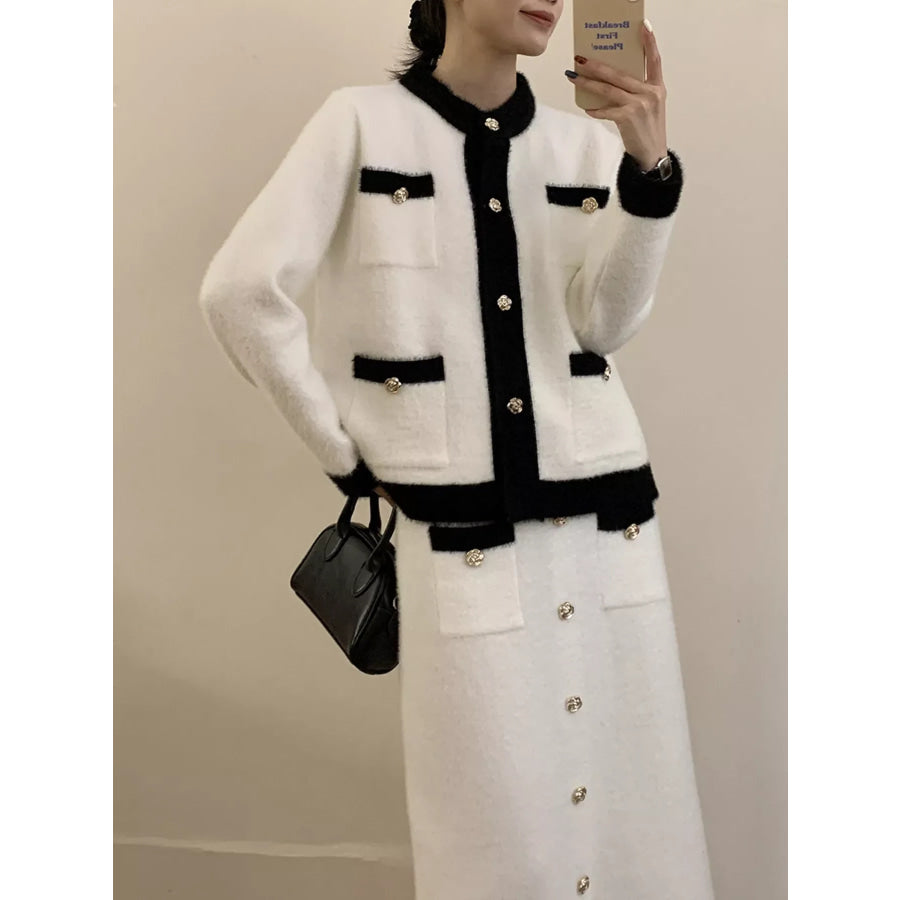 Contrast Trim Jacket and Skirts Sweater Set Apparel and Accessories